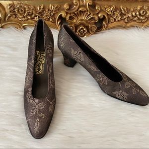Salvatore Ferragamo Mettalic Floral Low Pumps